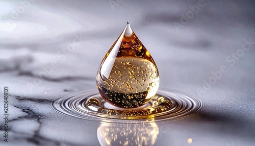 Golden Liquid Drop with Shimmer on Marble Surface