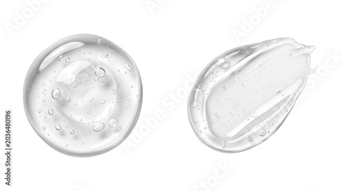 Two clear cosmetic gel swatches with visible bubbles on a transparent background