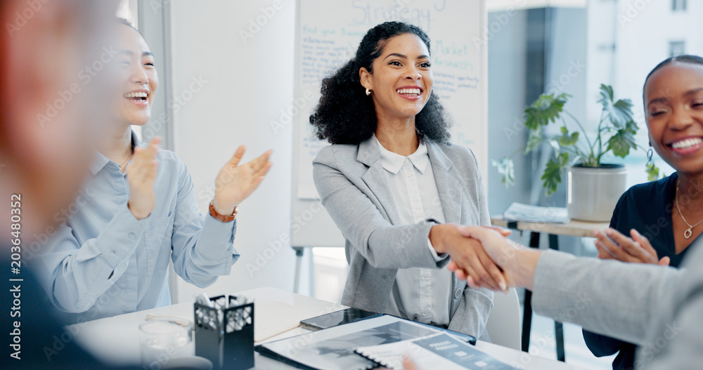 Fototapeta premium Shaking hands, applause and business people in office for meeting with finance deal, partnership or agreement. Happy, clapping and financial manager with investor for handshake on investment contract