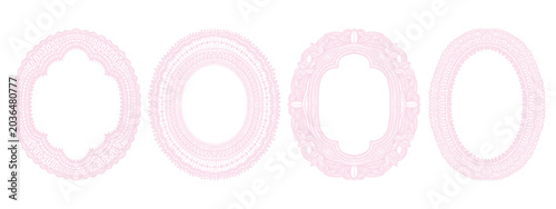Vintage lace frame set, hand drawn vector romantic doily border coquettish wedding decoration design. Doodle holiday embroidery card print, pink ornamental napkin delicate background. Oval lace frame
