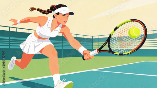 female tennis player in action on court or woman in white sports clothes playing tennis and hitting ball with racket