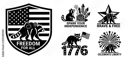 Patriotic Raccoon SVG Bundle for 4th of July, Black and White American Independence Day Vector Designs