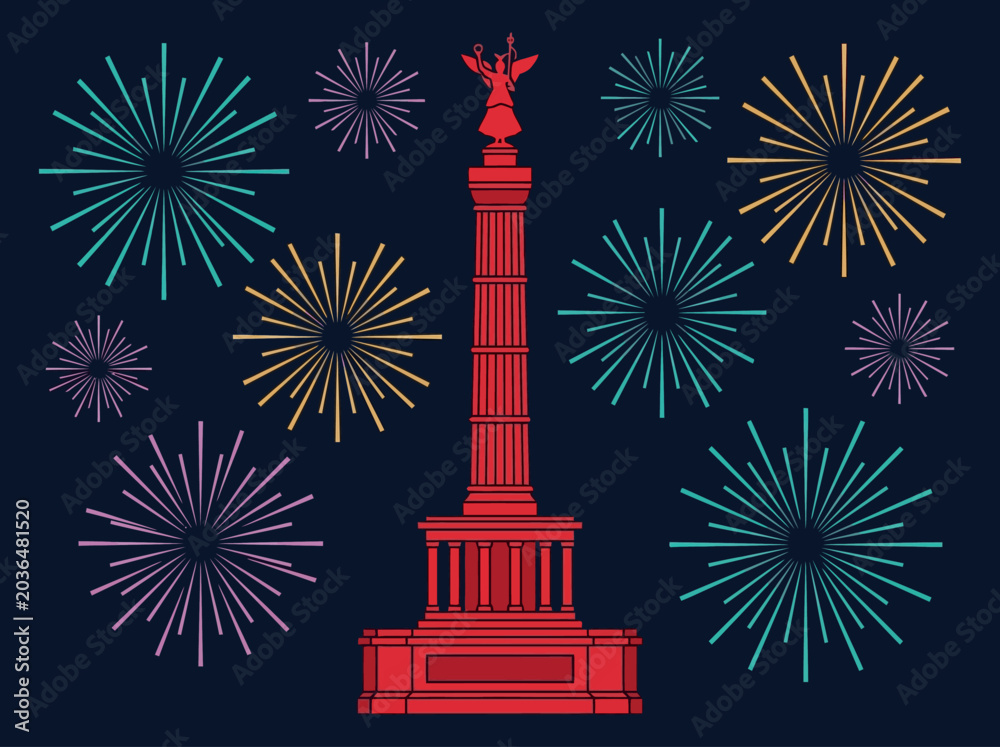 Obraz premium Berlin Victory Column Graphic Illustration with Colorful Fireworks, German Landmark Celebration for New Year or Festivals