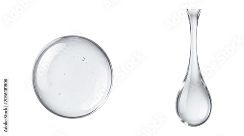 Close-up of two clear liquid forms-a round droplet and an elongated teardrop-glossy and transparent on a transparent background, showing reflections, surface tension and smooth texture