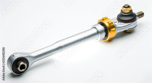 Adjustable car suspension control arm isolated on white background.