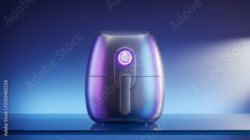 Modern Silver Air Fryer with Glowing Purple Button on Solid Blue Background.