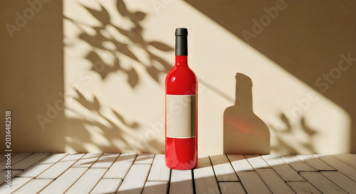 Red wine bottle with blank label on wooden surface with sunlight and leaf shadows.