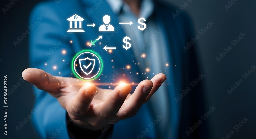 Fototapeta premium Businessman holding a digital interface showing financial security and transaction flow icons, symbolizing trust and safety in business.