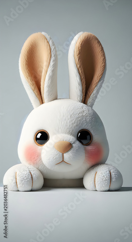 Close-up of a cute fluffy white bunny plush toy with rosy cheeks and big eyes on a smooth light gray background.