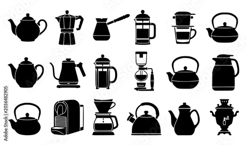 Tableau sur toile Kitchen Coffee Pot and Tea Pot Silhouette Vector Set with Coffee Maker Icons