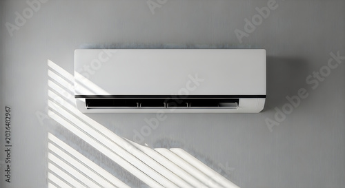 Wall mounted air conditioner unit with blinds casting striped shadow on gray wall.