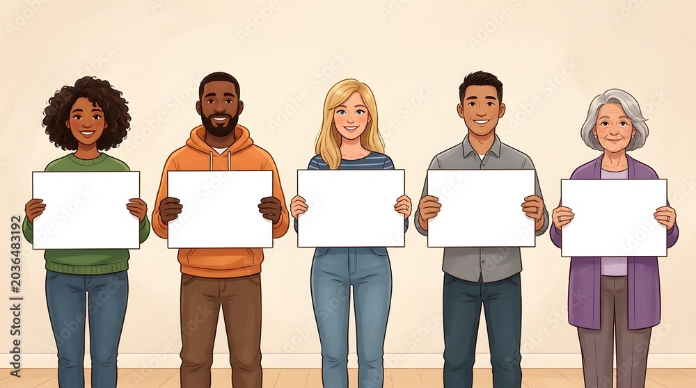 Obraz premium Multicultural Group Showcasing Empty Posters
