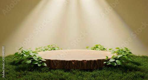 Product display podium made of a tree trunk slice surrounded by green plants and moss under a spotlight.