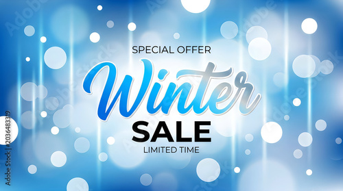 Winter sale banner with abstract blue bokeh background and sparkling lights.