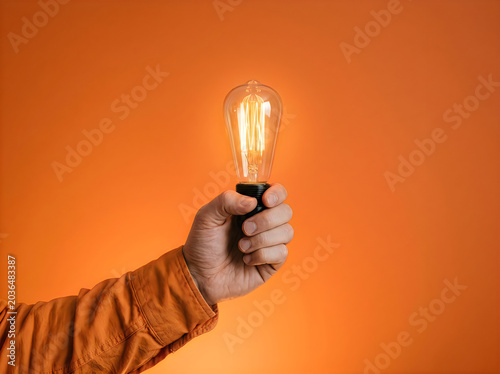Hand holding an old-fashioned light bulb isolated on an orange background.