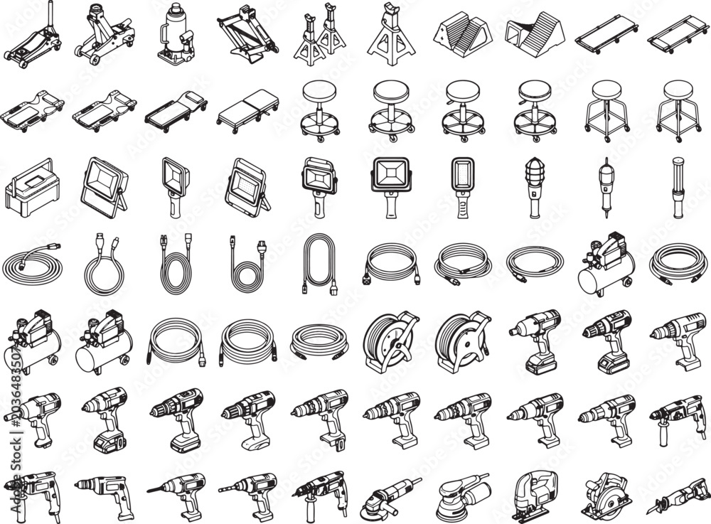 Obraz premium A comprehensive collection of isometric line art icons representing various tools and equipment. This visual assortment showcases diverse mechanical elements.
