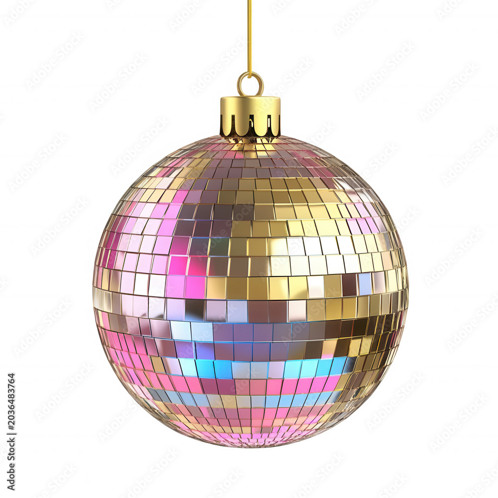 Fototapeta premium Sparkling disco ball ornament reflecting vibrant colors, modern festive decoration for parties and holidays