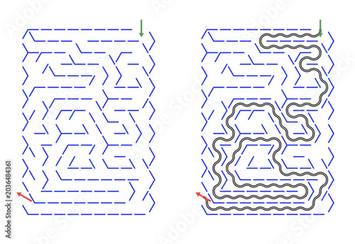 Maze puzzle design with solution on a white background