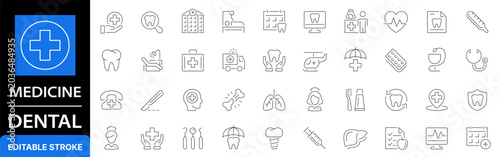 Medicine and dental line icon set. Medical healthcare, dentistry, hospital, tooth care and doctor outline symbols. Editable stroke.
