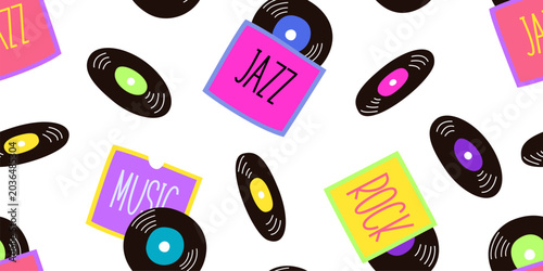 Photography Retro music vinyl record seamless pattern with jazz and rock covers background f