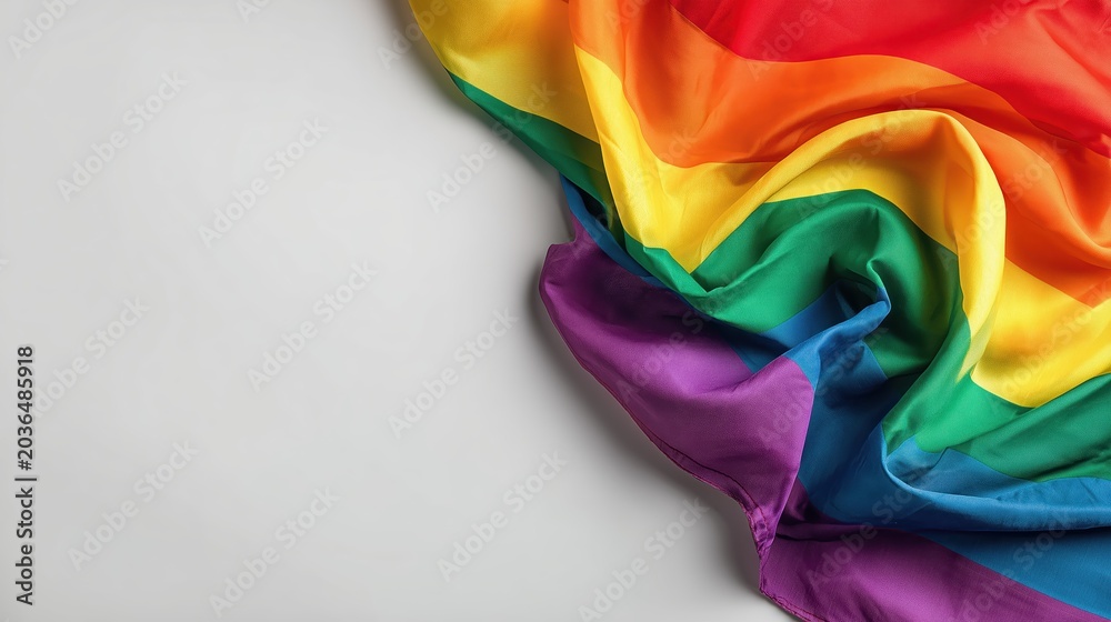 Fototapeta premium Draped rainbow silk fabric on gray background with copy space. Close up of pride flag with soft folds and texture. Colorful textile for LGBTQ awareness and celebration
