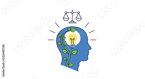 Tableau sur toile Human head with plant growth and scales of justice vector illustration
