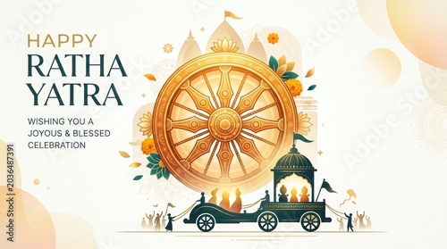 Happy ratha yatra, wishing you joyous blessed celebration, large golden chakra, festive procession.