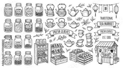 Photos Traditional tea shop market and tea ingredients line art set with pu erh beverag