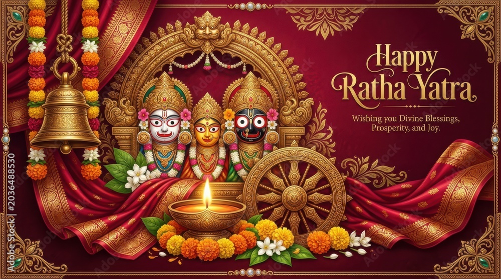 Fototapeta premium Happy ratha yatra greeting card with divine blessings, prosperity, joy, featuring idols, bell, lamp, flowers, wheel, and ornate decorations.