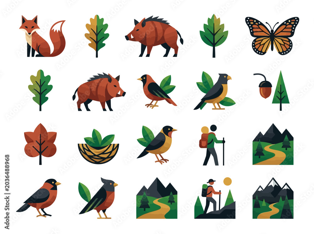 Obraz premium Minimalist Forest and Wildlife Icon Collection with Fox, Wild Boar, Birds, Hiking Trails, and Mountain Landscapes