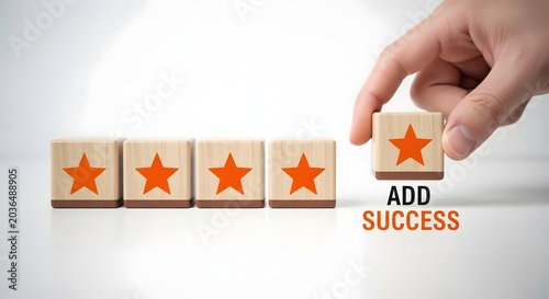 Adding success concept with wooden blocks and orange stars
