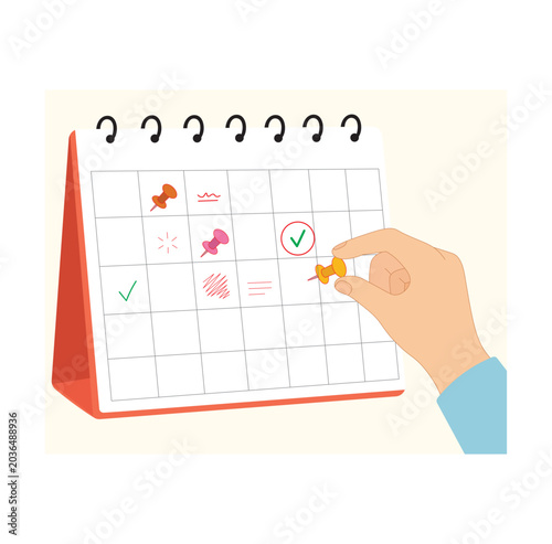 Hand Marking Events on Desk Calendar Flat Vector Illustration, Schedule Planning, Time Management and Appointment Reminder Concept for Business and Productivity.