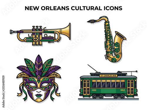 Canvas Print New Orleans Cultural Icons Set: Trumpet, Saxophone, Mardi Gras Mask, and St