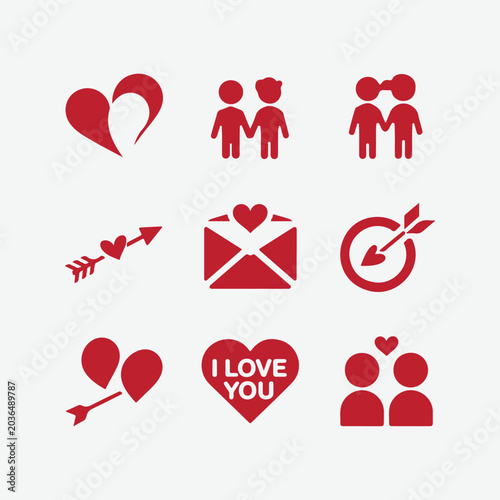 Valentine love icons collection with hearts, couples, arrows and romantic symbols vector set