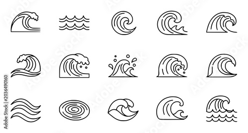 Schilderij op canvas Simple wave outline web icon collection with tsunami tide and marine linear symb