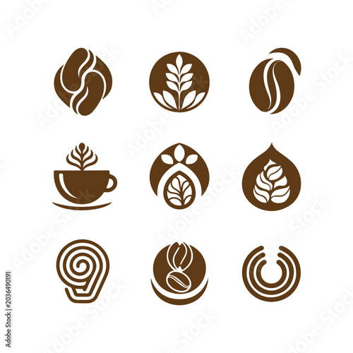 Modern coffee logo collection with abstract coffee bean, leaf and cup icons for cafe branding vector set