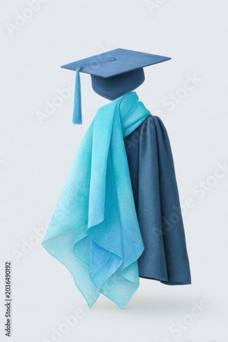 watercolor painting of a graduation cap and gown on top of a silhouette with a long scarf covering the face, against a white background.