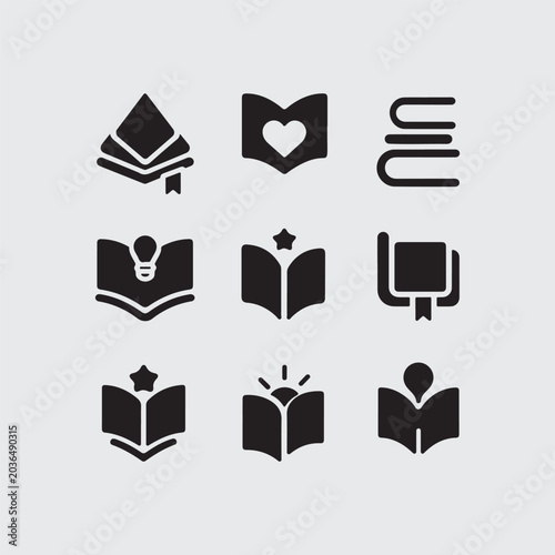 9 Modern Education Book Icons Set Reading, Learning, Library Knowledge Vector Symbols