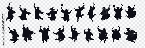 Photos Collection of black graduation student silhouettes in jumping celebration poses, featuring caps and gowns for commencement designs, school events, invitations, posters, and achievement themes