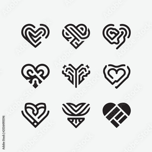 9 Abstract Heart Logo Icons Set – Modern Love, Care & Creative Line Art Symbols