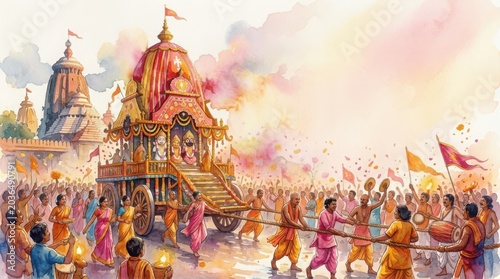 Watercolor illustration of ratha yatra festival with large wooden chariot pulled by devotees near ancient temple under soft sky.