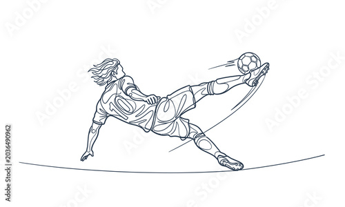 Female soccer goalkeeper diving to catch the ball on field isolated on transparent background, Vector FIFA world cup 2026 one line art design