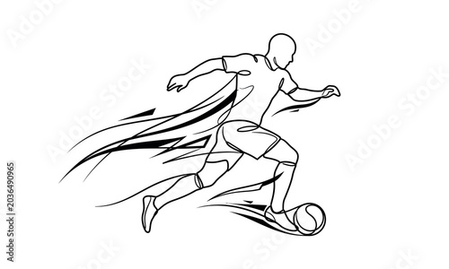 Athlete kicking soccer ball with speed and motion blur isolated on transparent background, Vector FIFA world cup 2026 one line art design