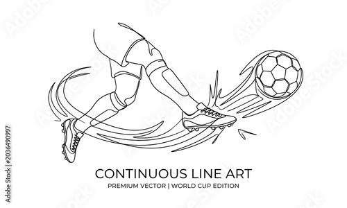 Soccer player kicking football in continuous line art style isolated on transparent background, Vector FIFA world cup 2026 one line art design
