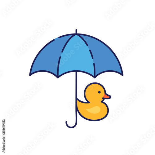 A cute yellow rubber duck sitting under a blue umbrella icon.