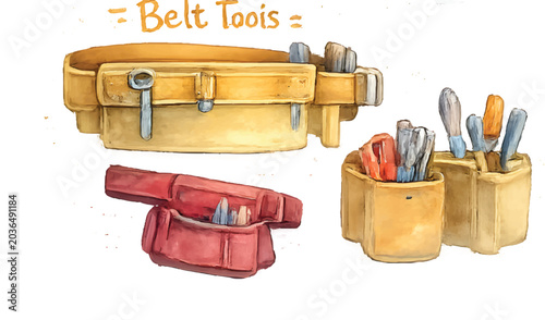 Tableau sur toile Hand-drawn watercolor object illustration set of belt tool organizers, utility b