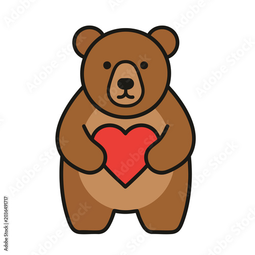 Cute brown bear holding a red heart illustration.