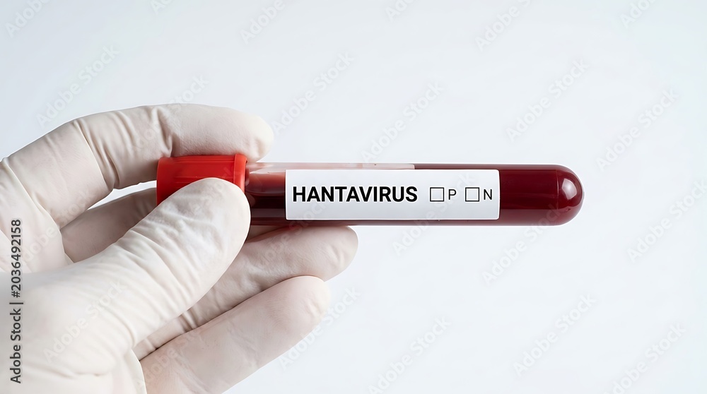 Obraz premium A gloved hand holding a medical blood sample tube labeled for hantavirus testing in a clinical laboratory setting.