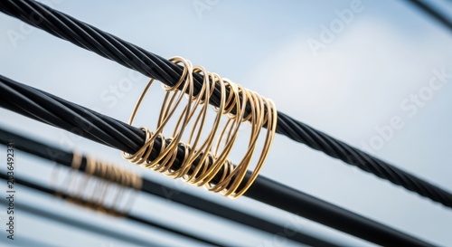 Close-up of electrical power transmission cables with multiple conductive wires bundled together against a clear sky.