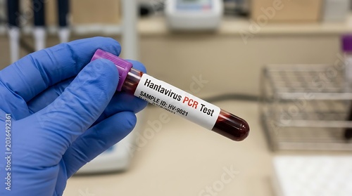 A technician in blue gloves holds a blood sample tube for a hantavirus PCR test in a medical laboratory setting.
